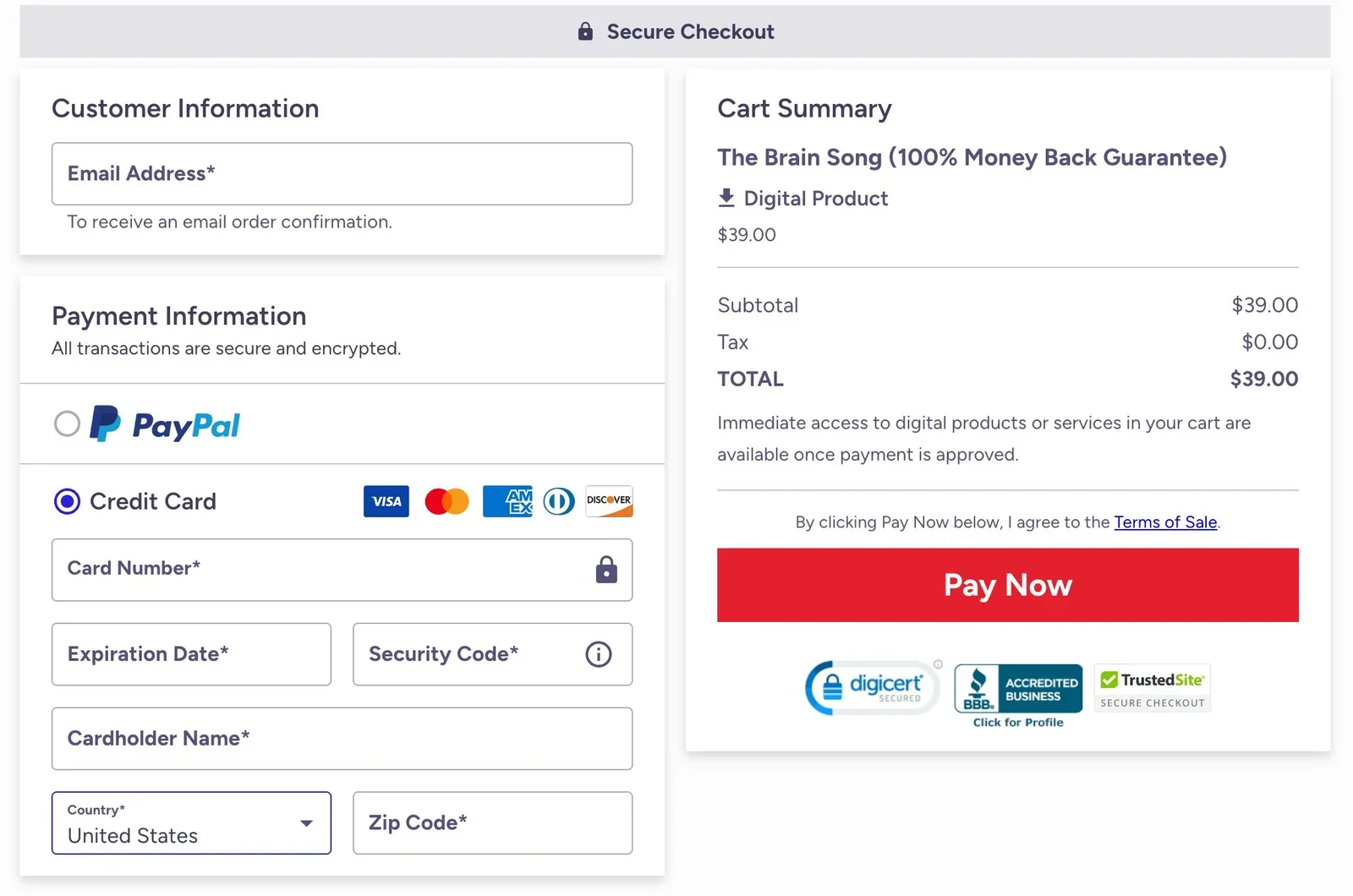 The Brain Song Secure Checkout The Brain Song secure checkout page showing payment and cart summary